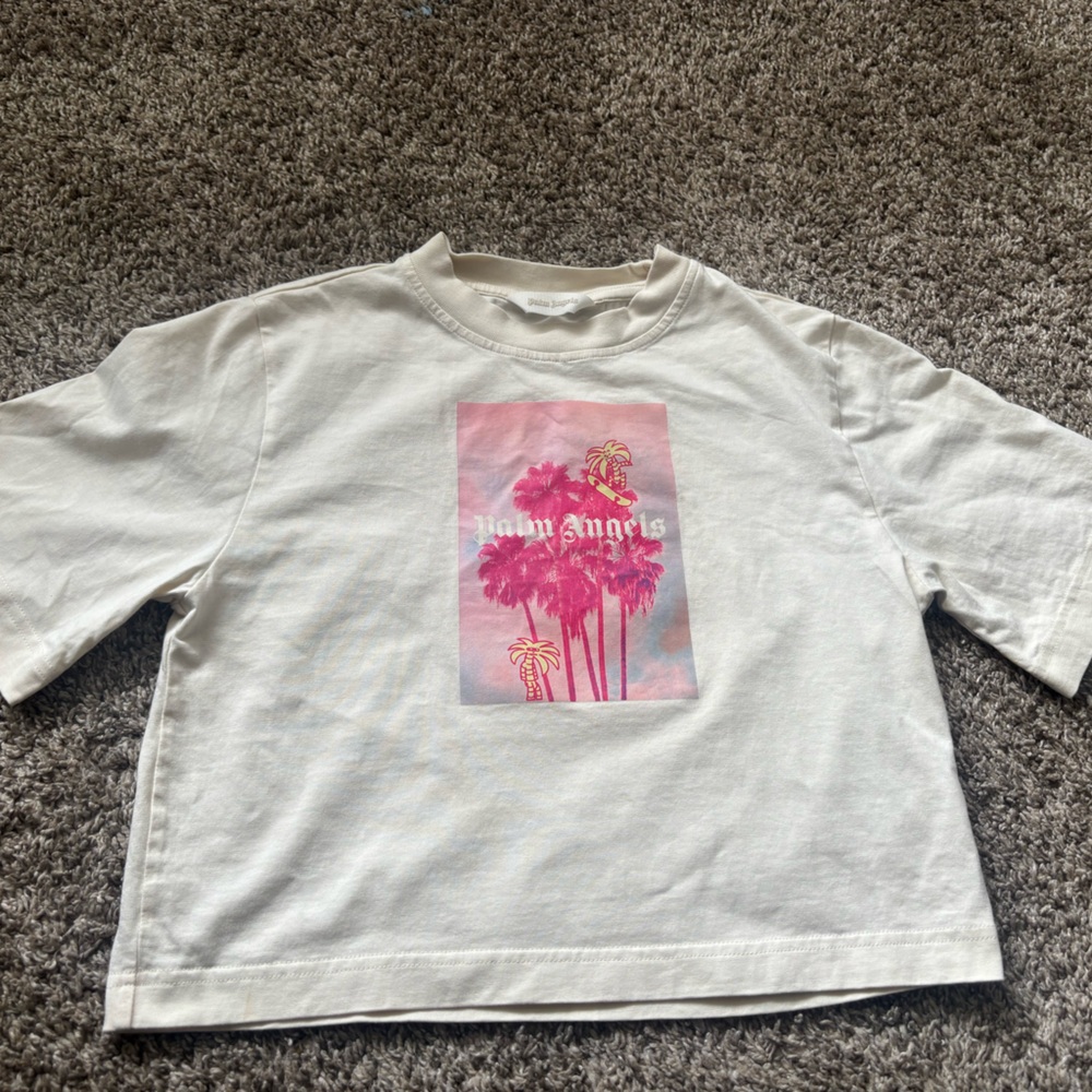 Palm Angels Girls White Graphic Tee with Pink Palm Print